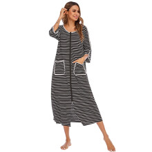 Baozhu Damen-Hausmantel mit Reißverschluss, 3/4-Ärmeln, Reißverschluss vorne, langes Nachthemd mit Taschen, gestreifte Loungewear, Größen S-2XL