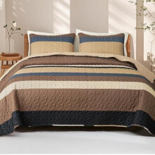 Ensemble de courtepointe Queen, couvre-lit réversible à rayures bohèmes camel avec 2 taies d'oreiller, literie légère toutes saisons