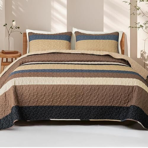 Σετ πάπλωμα Queen Size, διπλής όψης ριγέ κουβέρτα Camel Boho με 2 καλύμματα, ελαφριά