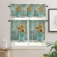 Ensemble de 3 rideaux et cantonnières à motif tournesol, style ferme vintage, à œillets pour tringle, idéal pour café, salle de bain, cuisine