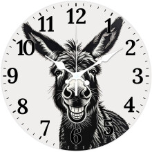 Funny Donkey Pattern 12" Non-Ticking Wall Clock, Black & White Woodcut Design, Battery Operated – Compatible with Bedroom, Living Room, Kitchen,
