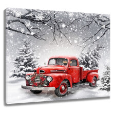 Tableau de Noël avec camion rouge, sapin enneigé et camion de ferme sur toile, cadre gris, 40 x 30 cm, prêt à accrocher
