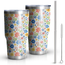 Gobelet isotherme Pioneer Flower de 887 ml (30 oz), motif floral, double paroi, couvercle étanche sans BPA et pailles réutilisables, garde le chaud
