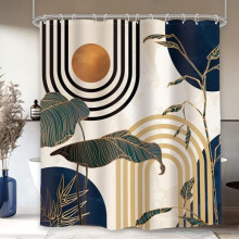 Blåt abstrakt bruseforhæng fra midten af århundredet, Boho Retro palmetræ solbue, 180 x 180 cm, kompatibel med standardkroge, 12-pak
