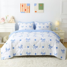 7-delige blauwe dekbedset met strik voor meisjes, tweepersoonsformaat, inclusief hoeslaken, 2 kussenslopen en 2 sierkussenslopen, schattige