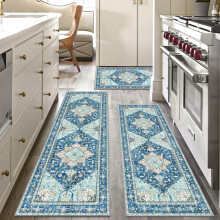 Boho Washable Kitchen Rugs Set of 3, Non-Slip with Rubber Backing, Waterproof & Stain-Resistant, Blue – Compatible with Standard Kitchen Floors