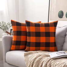 Housses de coussin à carreaux Buffalo pour Halloween (45 x 45 cm), orange/noir, polyester-lin, intérieur/extérieur, compatibles avec les coussins