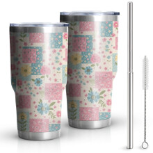 Gobelet isotherme Pioneer Flower de 887 ml (30 oz), motif floral, double paroi, couvercle étanche sans BPA et pailles réutilisables, garde le chaud