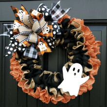 38 cm Halloween Boo -kummitusseppele – maalaistyylinen säkkikangas ruseteilla, sisä- ja ulkokoristeisiin, yhteensopiva etuoven, ikkunan ja juhliin