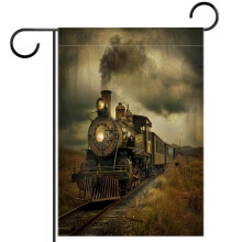 Steag de grădină din poliester cu imprimeu vintage de tren Smooking, 12x18 inci, steag de curte retro vintage de bun venit pentru decor de