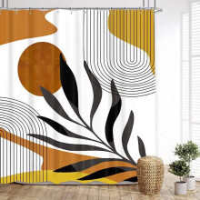 Abstrakt bruseforhæng fra midten af århundredet – brunt/orange boheme-sol- og geometrisk buedesign, vandtæt polyester, 12 kroge, kompatibel med