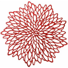 6-Pack Red Metallic Shiny Vinyl Placemats, Round Leaf Floral Design – Compatible with Holiday Decor, Mother's Day, Halloween, Christmas,