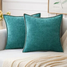 Lot de 2 housses de coussin 50 x 50 cm en chenille turquoise, bords cousus, style champêtre, teinte unie douce, compatibles avec les coussins