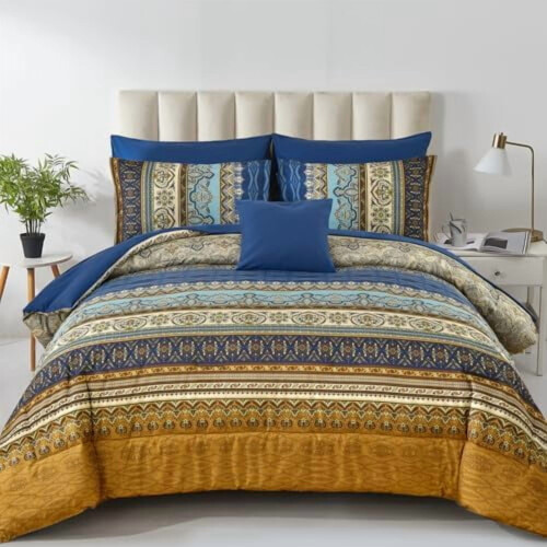 Σετ παπλωμάτων boho σε πλήρες μέγεθος, 8 τεμάχια, καφέ μπλε μποέμ πάπλωμα με ριγέ