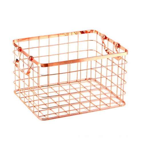 Rose Gold Wire Basket with Handle for Home Office Storage