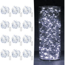 Guirlande lumineuse féérique à piles (lot de 12), 20 LED scintillantes sur fil argenté – blanc froid, compatible avec les bocaux Mason, idéale