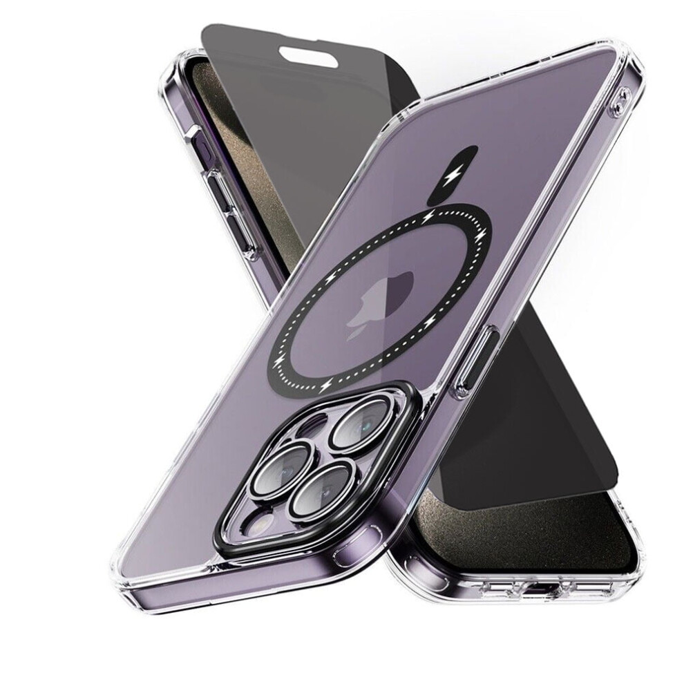 Xhy Magnetic Case For Iphone 15 Pro Max 6.7" Â Magsafe-Compatible, Shockproof, Privacy Screen Protector, Non-Yellowing, Crystal Clear, Black 9496895070524