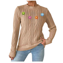 Maglione da donna a trecce con applicazioni floreali, pullover in morbido acrilico, vestibilità ampia, casual, girocollo, comodo, taglie S-XL