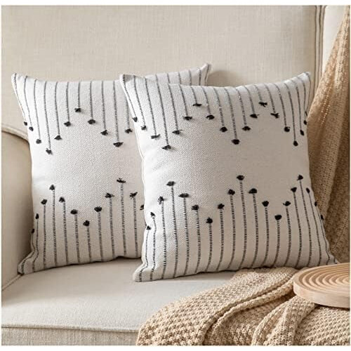 Μαξιλαροθήκες Boho 24x24, Σετ 2 τεμαχίων, Μπεζ & Μαύρη Γραμμή, Ουδέτερη Διακόσμηση για