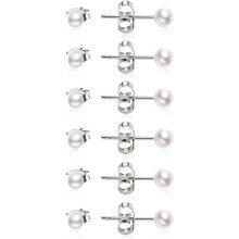6 Pairs White Pearl Stud Earrings Set Round Ball Faux Pearl Earrings for Women, 4MM