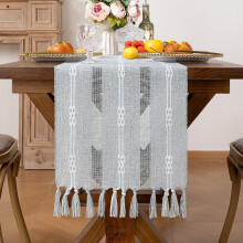 Chemin de table rustique en coton macramé, 33 x 183 cm, style champêtre bohème, avec pompons – Idéal pour l'automne et Thanksgiving