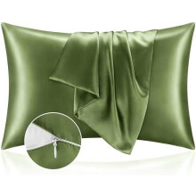 Taie d'oreiller en satin avec fermeture éclair, vert cèdre, format king (51 x 102 cm), lot de 2, ultra douce et rafraîchissante, aspect soie,