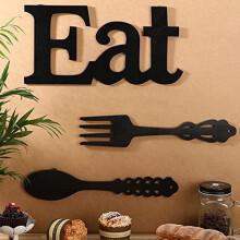Ensemble de panneaux « Manger » en bois rustique avec fourchette et cuillère – Décoration murale de cuisine noire à suspendre