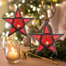Ankereame Roter, fünfzackiger Stern, windfester Kerzenständer - Retro-Metall-Buntglas-Weihnachtsdekoration (Kerze nicht enthalten)