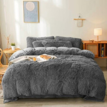 Fluffy Twin Comforter Cover Set 2pcs (1 Faux Fur Cover + 1 Fuzzy Pillowcase) – Grey, Compatible with Twin Beds
