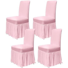 Stretch Chair Covers Set of 4 with Skirt, Washable Spandex Fabric for Dining Room, Kitchen, Wedding – Pink