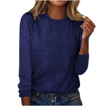 Camisetas de manga larga de poliéster para mujer, cuello redondo, color liso, ideales para salir.