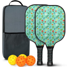 Pickleball Paddles Set with 2 Balls & Bag – Floral Fiberglass Rackets, Compatible with Indoor/Outdoor Play