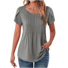 Petal Kurzarmtop für Damen, Sommer, lässiges Rundhals-Shirt, einfarbige, elegante Bluse, Falten-Tunika