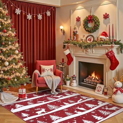 Red Christmas Rug 6x9 ft Washable Plush 1