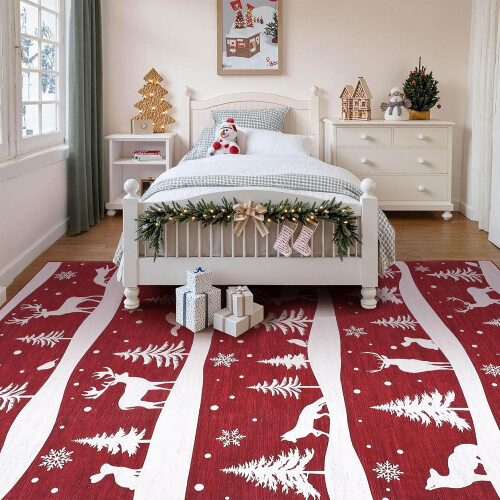Red Christmas Rug 6x9 ft Washable Plush 2