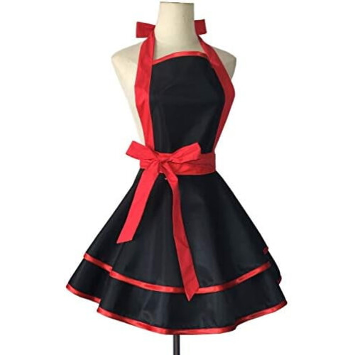 Delantal negro retro de algodón para mujer, ajustable. 2