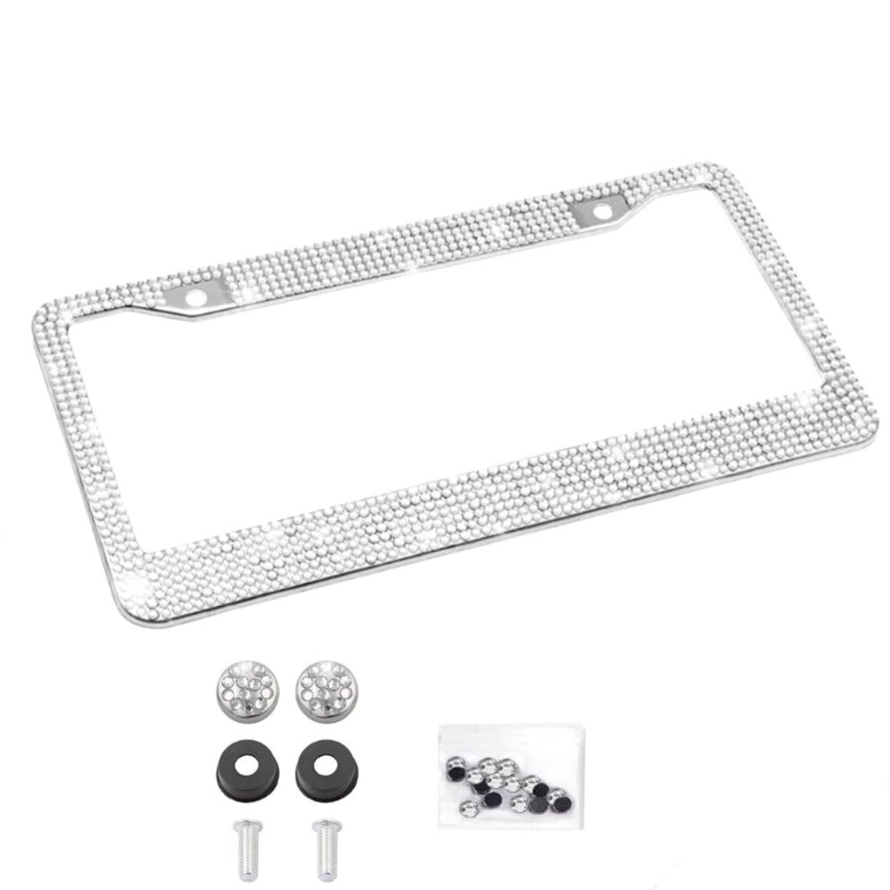 Bling Rhinestone License Plate Frame For Women Â 1 Pc, Sparkly Glitter Frame Compatible With Standard Plates White 9027700529038