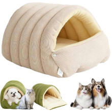 Removable & Washable Winter Cat Bed – Warm, Foldable Snuggle Hut for Indoor Cats & Small Dogs (Beige, L: 22.4x14.6x11 in)