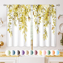 Yellow Eucalyptus Botanical Curtains 27.5x39", Farmhouse Kitchen & Bathroom Tier Drapes, Cafe Short Curtains