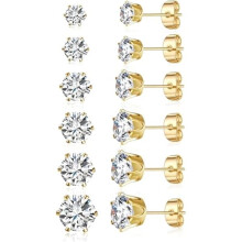 5 Pairs Princess Cut Cubic Zirconia Stud Earrings for Women/Men - 18K Gold Plated Hypoallergenic 3-7mm Square Clear CZ Earring Set