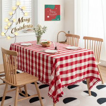 Buffalo Plaid Linen Tablecloth with Pompom Trim, 60 x 120