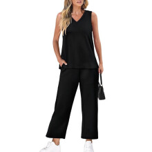 Women's Black 2-Piece Lounge Set with Mock Neck Top &