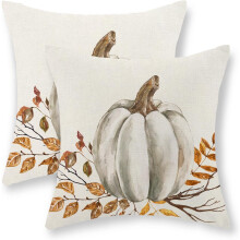 Herbstliche Kissenbezüge 45x45 cm, 2er-Set, weißes Kürbis- und Blattmuster, Leinen-Kissenbezüge im Landhausstil für Sofa – kompatibel mit