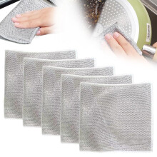 Multipurpose Steel Wire Dishwashing Rags, Double-Layer Non-Scratch Reusable Scrubbing Pads (5-Pack, Silver)