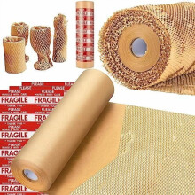 Honeycomb Packing Paper 15"x100', Eco-Friendly & Recyclable Moving Wrap Roll with 36 Fragile Stickers