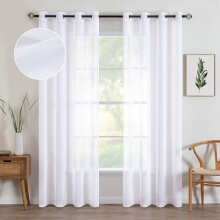 White Semi-Sheer Grommet Curtains 54x72 in, Linen-Textured Voile Panels for Bedroom & Living Room