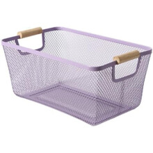 Metal Mesh Steel Basket with Wood Handle – Purple Rectangle Hanging Organizer for Kitchen, Bathroom, Picnic; Compatible with Standard Hooks
