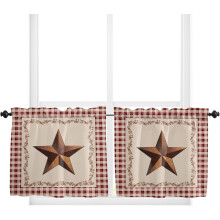 36" Long Tier Curtains for Kitchen, Rustic Barn, Texas Western Star, Red Buffalo Plaid, Rod Pocket, Farmhouse Style, 2 Panels