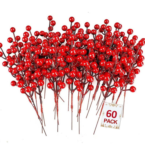 Artificial Red Berry Stems 60 Pack 7.9in