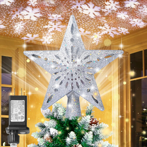 Lighted 3D Hollow Star Tree Topper with Rotating Snowflake Projector, Silver – Compatible with Standard Tree Tops